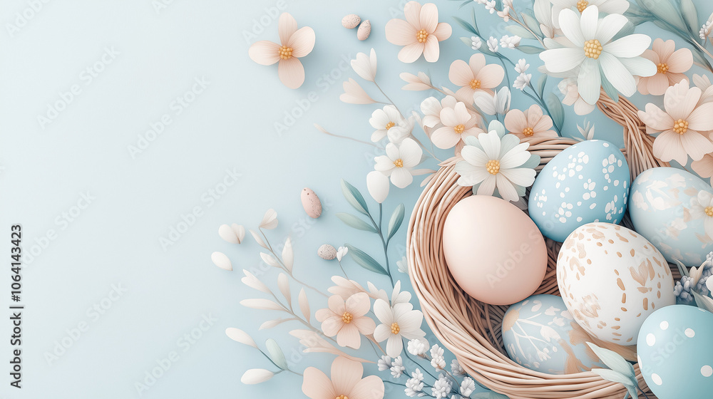 Pastel Easter eggs in a nest surrounded by delicate flowers. Pastel Easter eggs in a nest surrounded by delicate flowers.