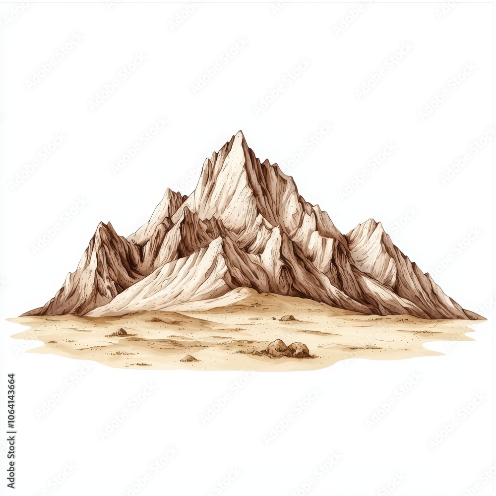 Detailed illustration of majestic mountains on a sandy landscape, isolated on a white background. Detailed illustration of majestic mountains on a sandy landscape, isolated on a white background.