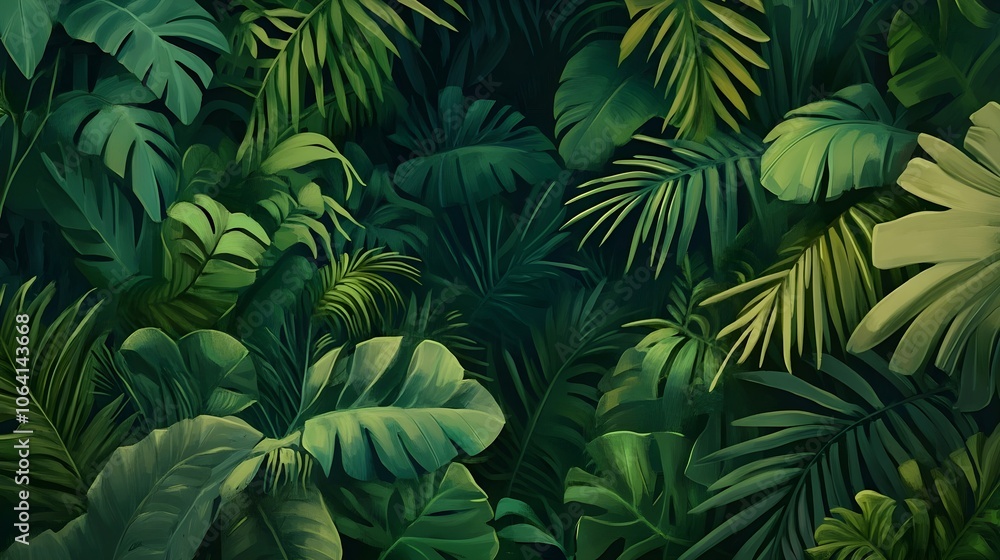 A close-up of dense jungle foliage with rich green leaves and tropical plants, creating a vibrant and lively natural background A close-up of dense jungle foliage with rich green leaves and tropical plants, creating a vibrant and lively natural background