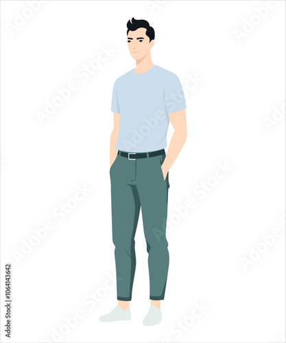 Vector illustration on a white background. Young man in a light blue T-shirt and dark trousers, relaxed, hands down.