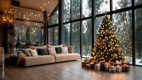 Wallpaper Mural Loving family in a cozy room with a brightly lit Christmas tree and festive holiday decor, warm winter ambiance, full view Torontodigital.ca