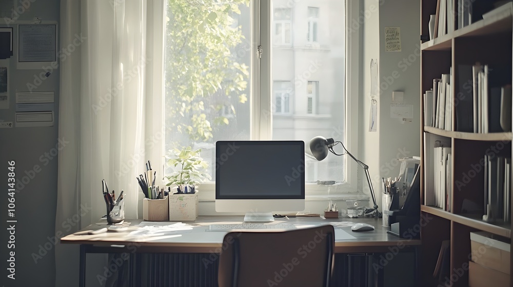 A clutter-free, minimalist workspace with a simple desk, ergonomic chair, and only essential items on the desk. Bright, natural light streams in from a large window. A clutter-free, minimalist workspace with a simple desk, ergonomic chair, and only essential items on the desk. Bright, natural light streams in from a large window.