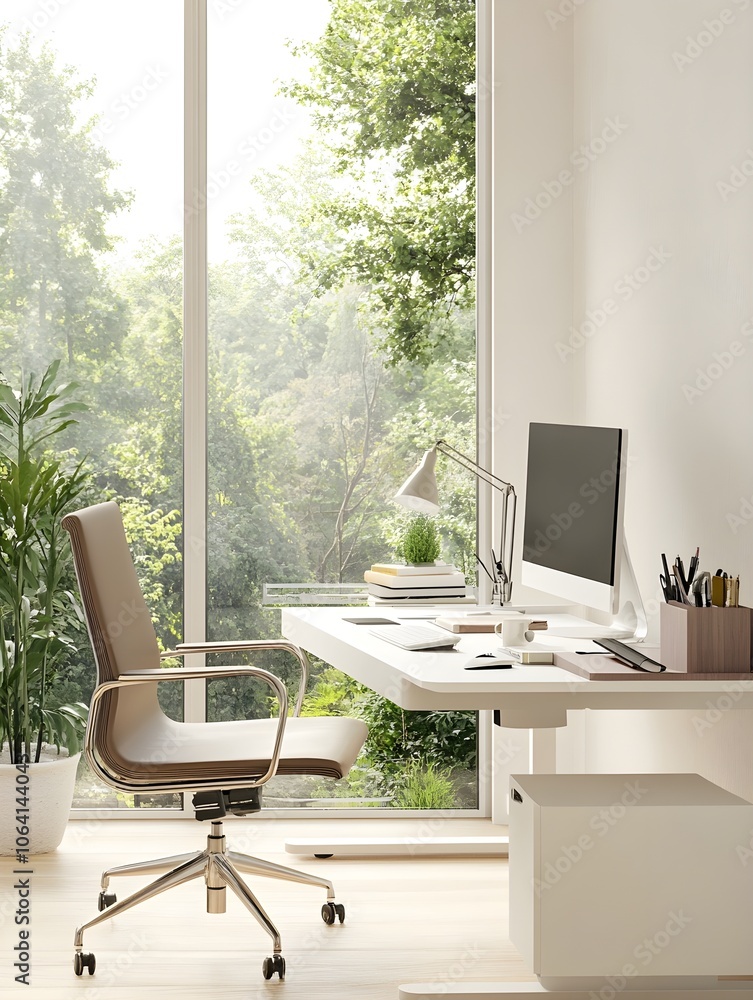 Fototapeta premium A clutter-free, minimalist workspace with a simple desk, ergonomic chair, and only essential items on the desk. Bright, natural light streams in from a large window.