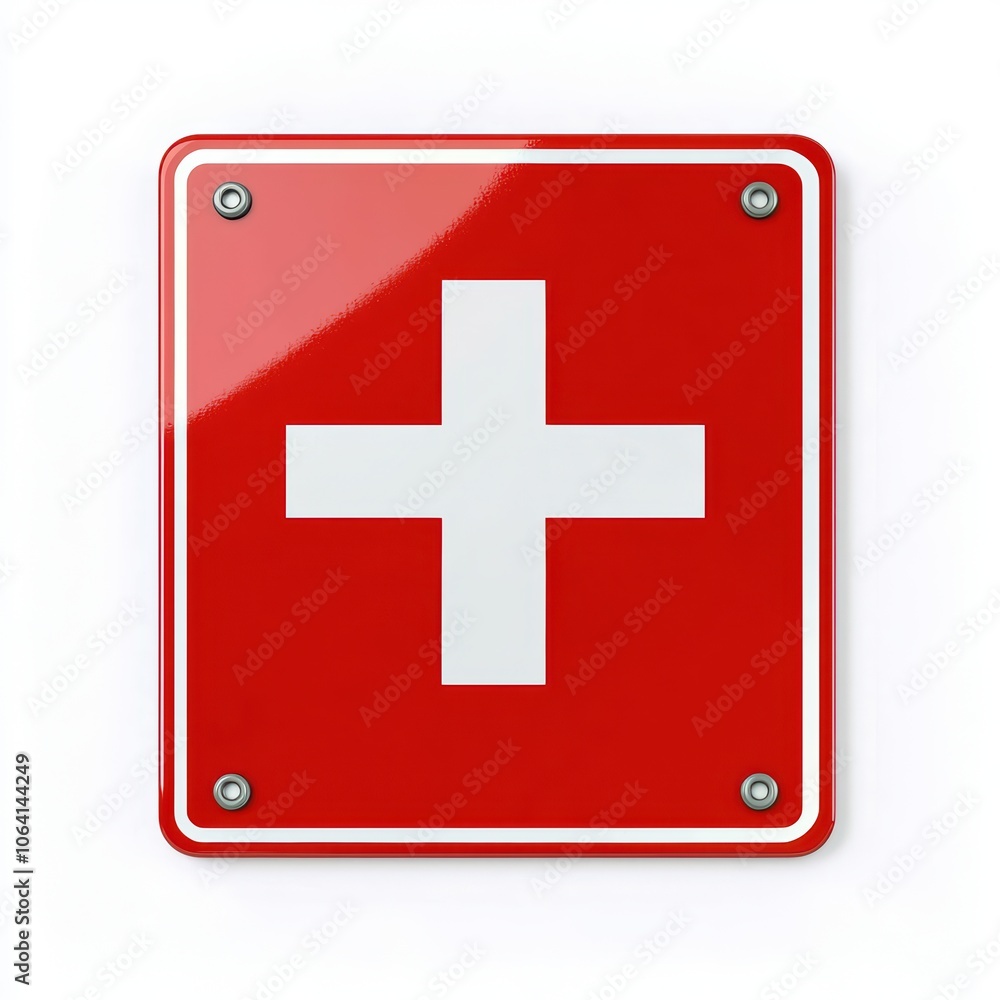 First aid sign with red background, white cross, and metallic bolts, isolated on white. First aid sign with red background, white cross, and metallic bolts, isolated on white.