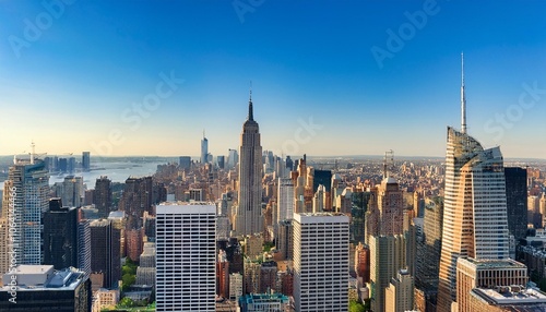 New York City skyline featuring the United Nations headquarters and surrounding skyscrapers on a clear day.