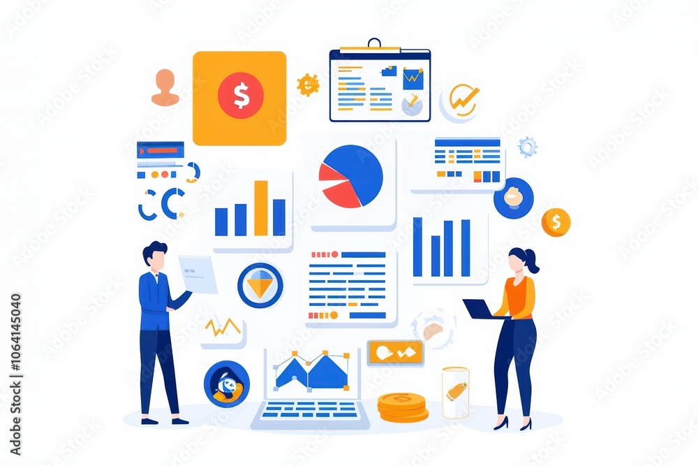 Illustration of business analytics with charts, graphs, and financial data on a white background. Illustration of business analytics with charts, graphs, and financial data on a white background.