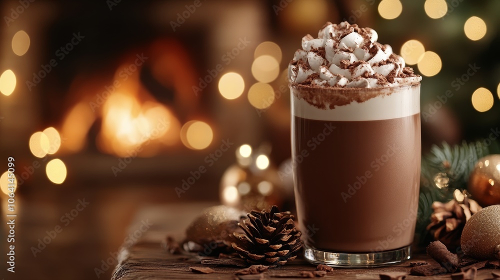 Steaming hot chocolate on a wooden table near a fireplace, family gathered, warm holiday lighting, cozy close-up Steaming hot chocolate on a wooden table near a fireplace, family gathered, warm holiday lighting, cozy close-up