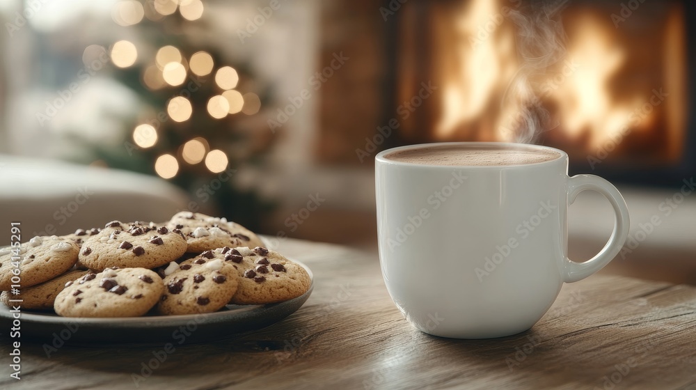 Steaming mug of hot chocolate and Christmas cookies on a rustic table by a crackling fireplace, cozy holiday atmosphere, close-up Steaming mug of hot chocolate and Christmas cookies on a rustic table by a crackling fireplace, cozy holiday atmosphere, close-up