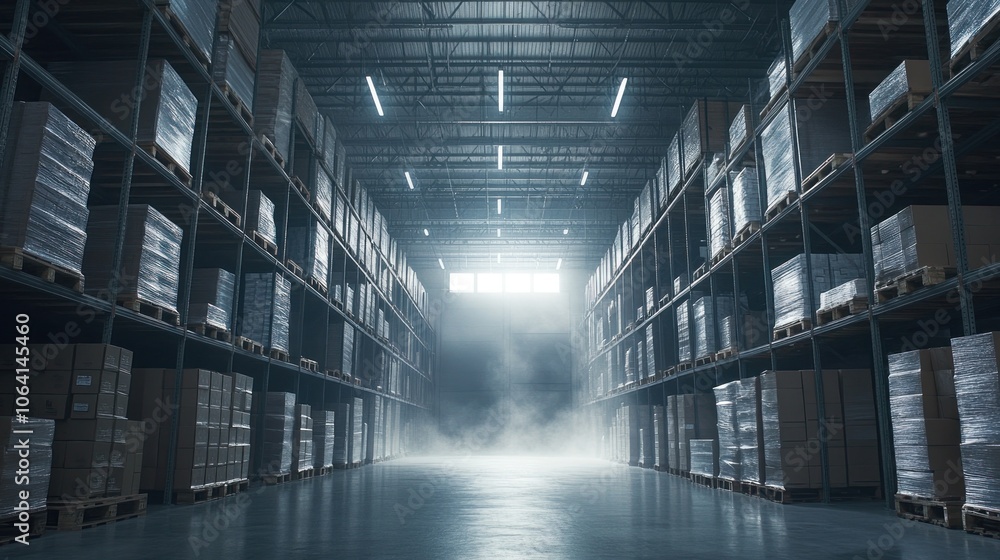 A warehouse with a foggy mist in the middle. There are many boxes on the shelves. The boxes are stacked on top of each other A warehouse with a foggy mist in the middle. There are many boxes on the shelves. The boxes are stacked on top of each other