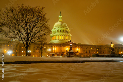 Washington DC in night winter snow. Capitol Building in night. Washington city Capitol. United States Capital. USA landmark. Supreme Court. Washington D.C. Night Washington city.