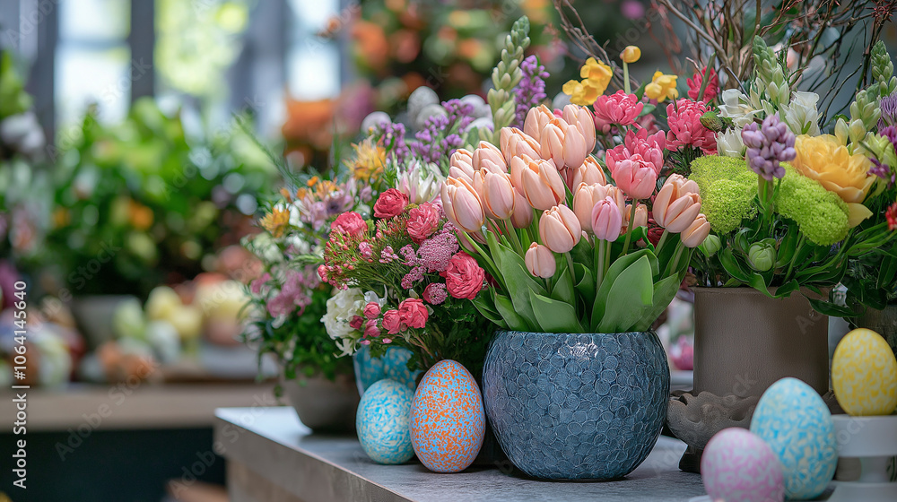 Fototapeta premium A bouquet of pink tulips and other spring flowers in a blue pot with colorful Easter eggs.