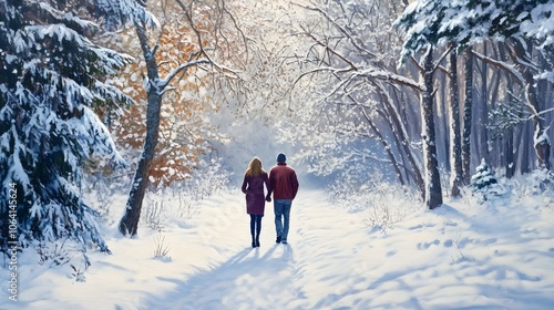 A couple walking hand-in-hand through a snow-covered forest, bundled in warm clothes and enjoying the winter scenery