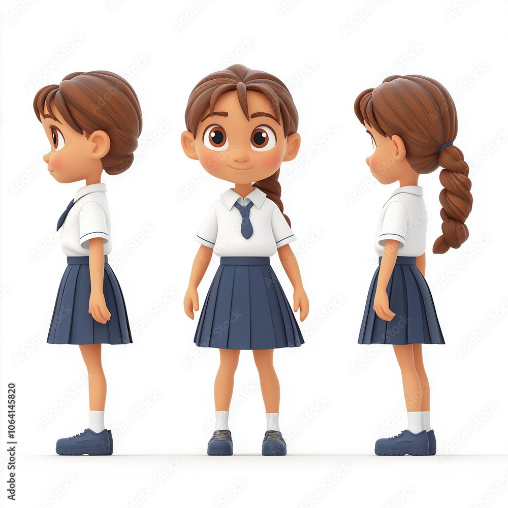A cute cartoon girl in a school uniform poses from different angles. A cute cartoon girl in a school uniform poses from different angles.