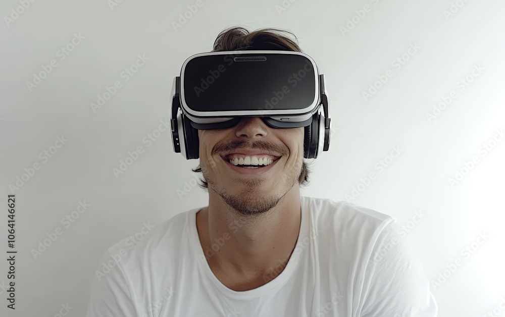 Smiling young pretty man wearing a colored VR headset on a clean white background Smiling young pretty man wearing a colored VR headset on a clean white background