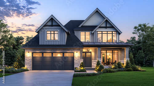 modern luxury home with stone exterior and large garage at dusk