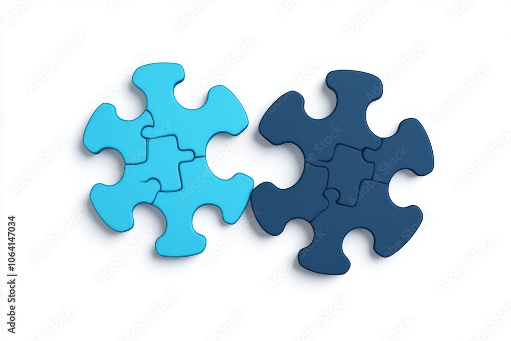 Two interlocking puzzle pieces in blue and navy on a white isolated background. Two interlocking puzzle pieces in blue and navy on a white isolated background.
