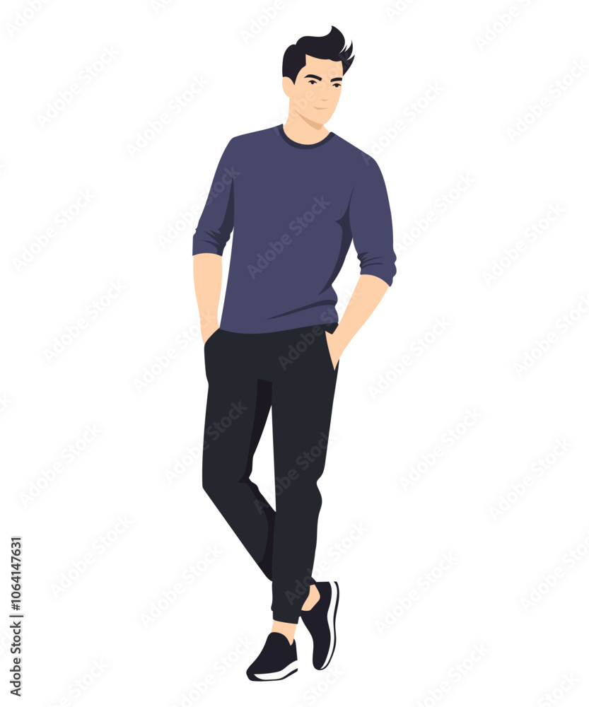 Vector illustration on a white background. A man in a dark blue T-shirt and black trousers, emphasizing his sportiness and active lifestyle. Vector illustration on a white background. A man in a dark blue T-shirt and black trousers, emphasizing his sportiness and active lifestyle.