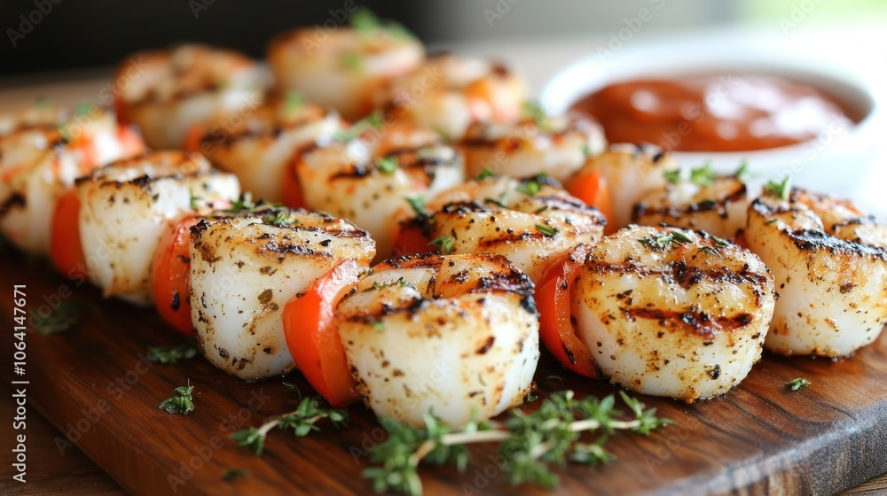 Grilled scallops and cherry tomatoes on skewers with a side of dipping sauce. Grilled scallops and cherry tomatoes on skewers with a side of dipping sauce.