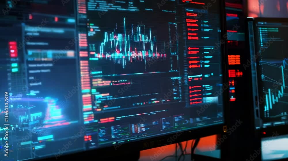 A high-tech workspace displaying data analysis and programming interfaces on multiple screens. A high-tech workspace displaying data analysis and programming interfaces on multiple screens.
