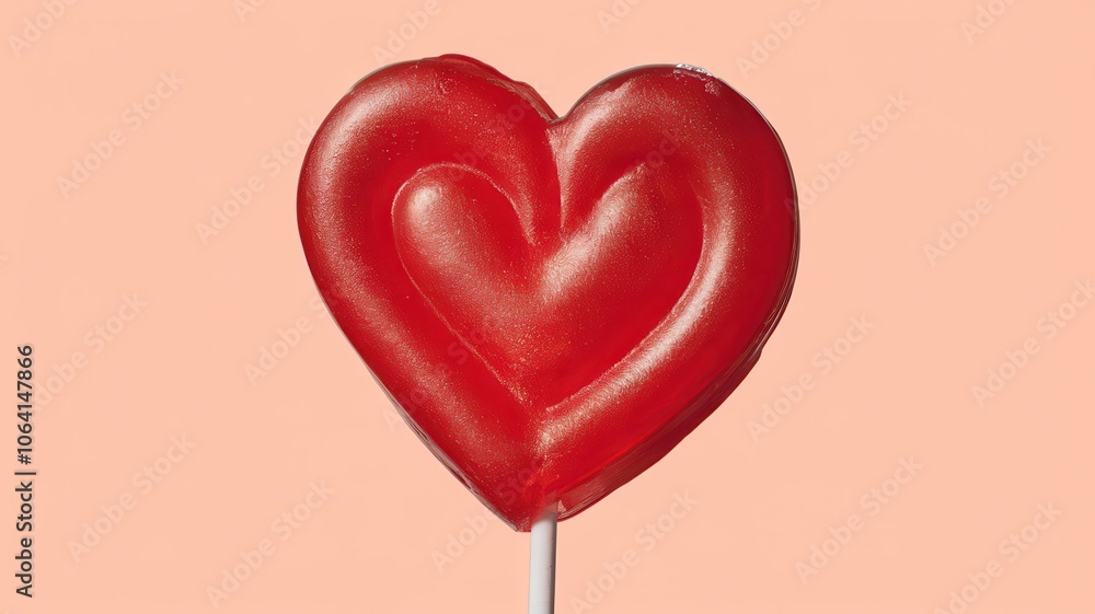 Glossy red heart-shaped lollipop, isolated close-up with shiny finish Glossy red heart-shaped lollipop, isolated close-up with shiny finish