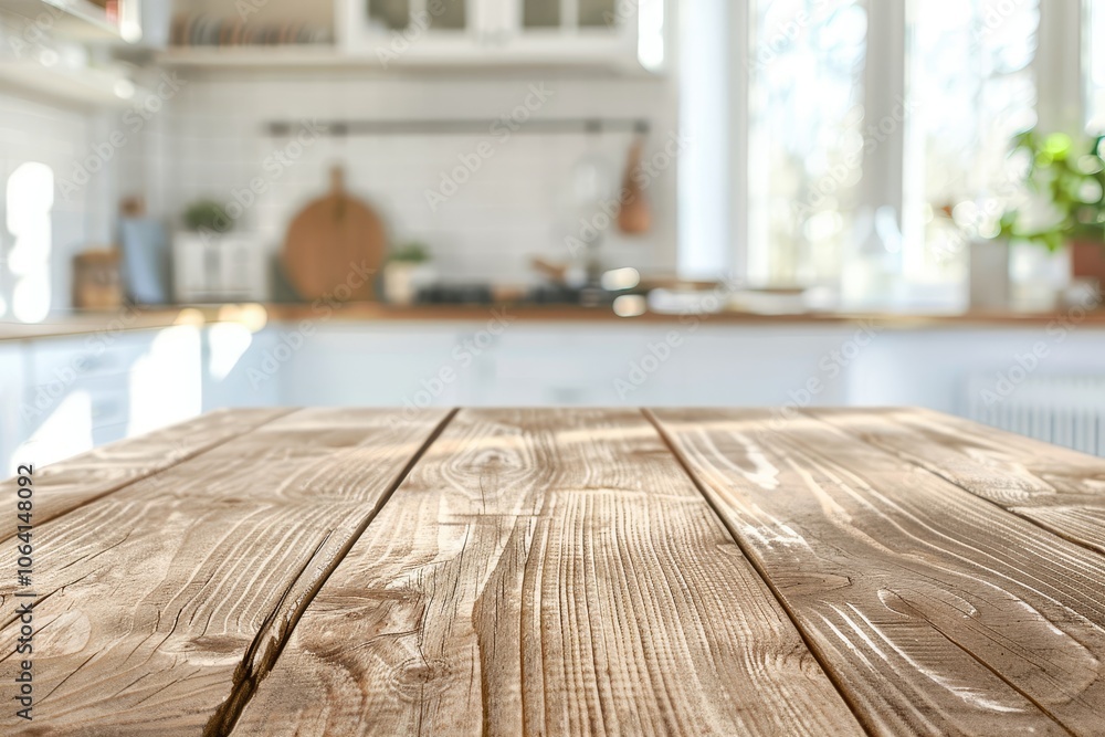 A rustic wooden table top with a blurred background of a white kitchen. A rustic wooden table top with a blurred background of a white kitchen.