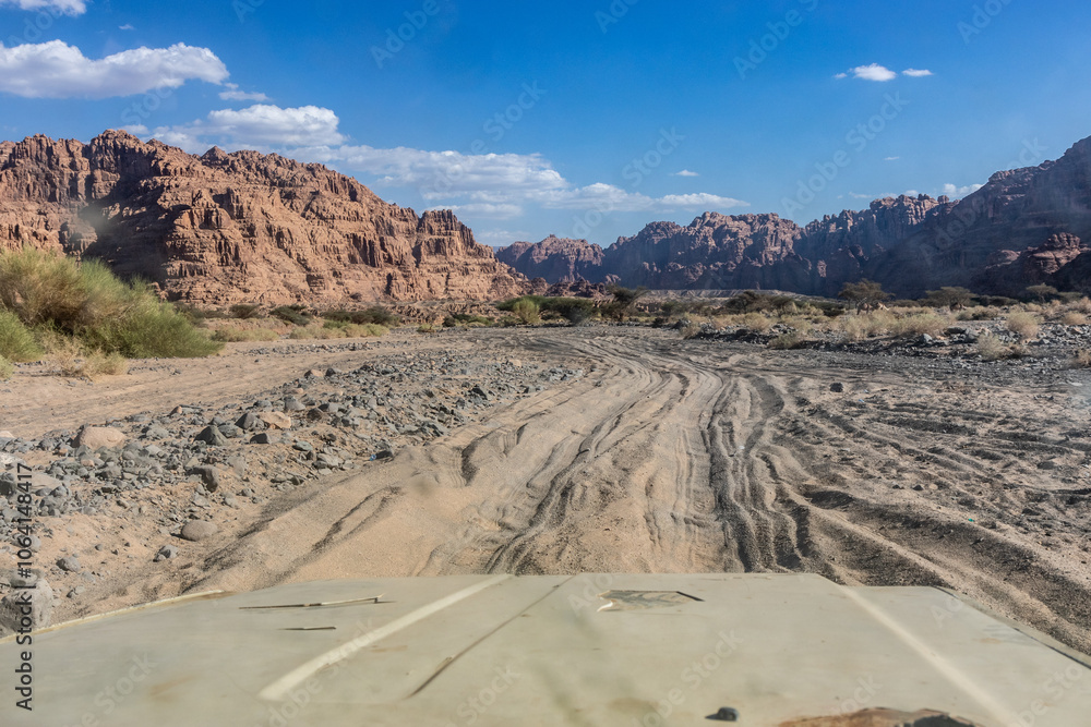 Sandy track through Wadi Disah canyon, Saudi Arabia Sandy track through Wadi Disah canyon, Saudi Arabia
