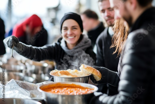 christmas charity - soup kitchen line with people receiving bowls of hot soup, bread, and smiles from volunteers