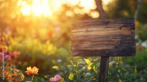A wooden signpost with nature trail sign guiding hikers through lush greenery during a beautiful golden hour sunset.