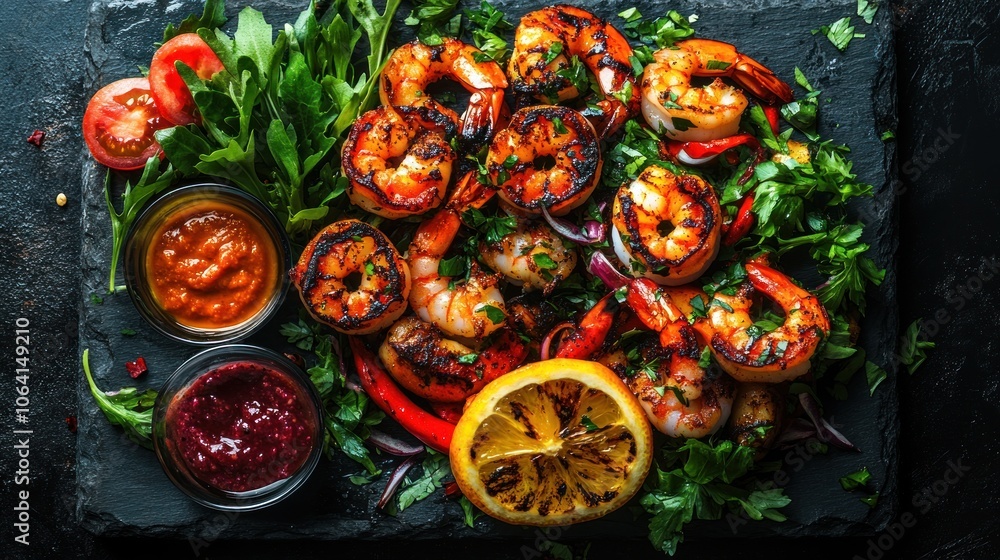 Grilled shrimp with lemon, red onion, chili pepper and two dipping sauces on black stone plate. Grilled shrimp with lemon, red onion, chili pepper and two dipping sauces on black stone plate.
