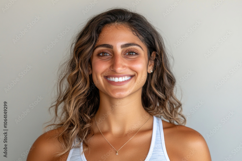 Smiling woman with curly hair in a white tank top Smiling woman with curly hair in a white tank top
