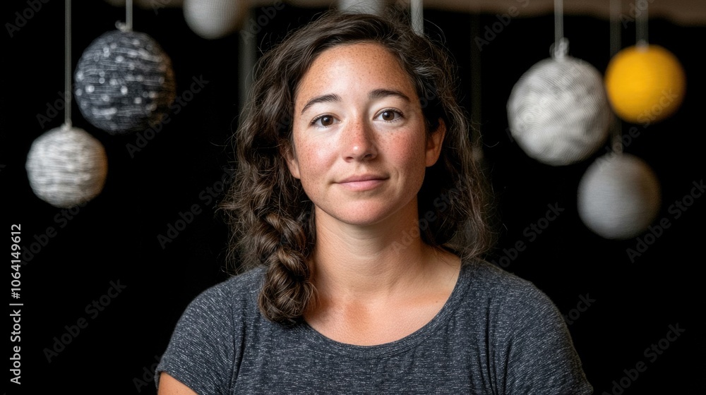 Naklejka premium Portrait of a woman with yarn decorations in the background