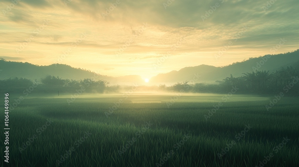 A scenic sunrise over a misty field, with the sun peeking through the clouds and illuminating the lush green landscape. A scenic sunrise over a misty field, with the sun peeking through the clouds and illuminating the lush green landscape.