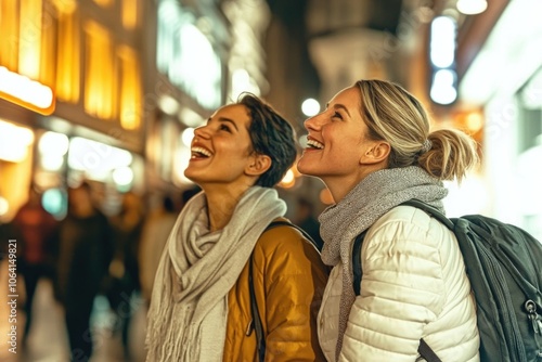 Joyful friends exploring lively cityscape at night