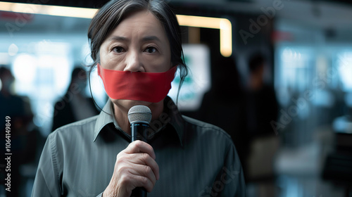 A journalist broadcasting with red tape sealing their mouth, gripping a microphone, symbolizing press censorship and the fight for free speech and press freedom rights. photo