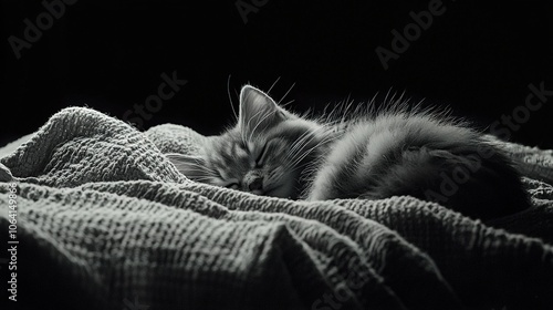   A monochrome image depicts a tiny feline slumbering on a cushion with its noggin resting atop the fabric cover
