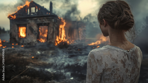 A young woman stands in front of a burning house, the flames casting an eerie glow on her face. photo