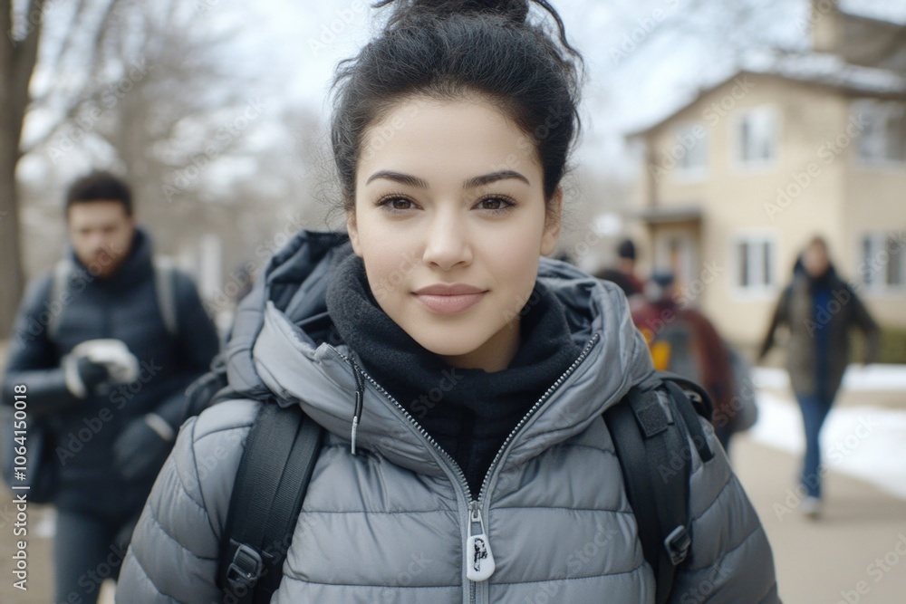 Young woman smiling on a winter day outdoors with people in background Young woman smiling on a winter day outdoors with people in background