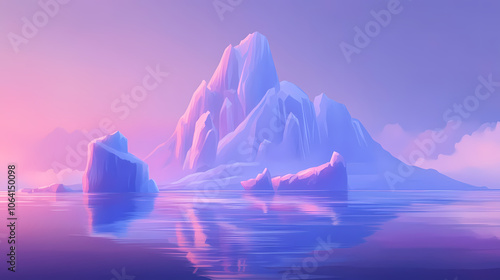 Serene and mystical arctic seascape with iceberg in foggy morning. Mystical. Illustration