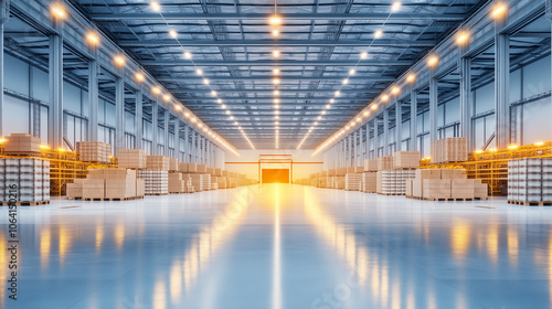 Empty warehouse with stacks of boxes and bright lights.