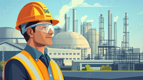 Environmental Health and Safety Engineer Environmental Health and Safety EHS engineer inspecting factory site, no face, flat design illustration