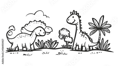 A friendly dinosaur scene with a brontosaurus, triceratops, and stegosaurus on a grassy landscape, black and white, bold outline, isolated on white background photo