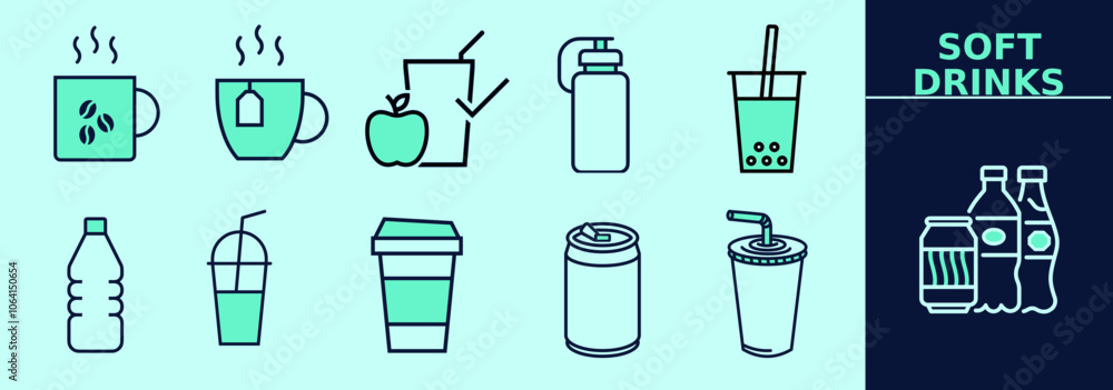 Soft drinks LINE icon set for logo, marketing, digital work. Coffee, tea, juice, soda can, boba, reusable cup, water bottle and others. Editable outline, size and color. Soft drinks LINE icon set for logo, marketing, digital work. Coffee, tea, juice, soda can, boba, reusable cup, water bottle and others. Editable outline, size and color.