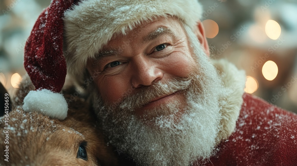 Reindeer with Santa Claus surrounded by holiday decorations, snow-dusted setting, festive warm lighting, cinematic shot Reindeer with Santa Claus surrounded by holiday decorations, snow-dusted setting, festive warm lighting, cinematic shot
