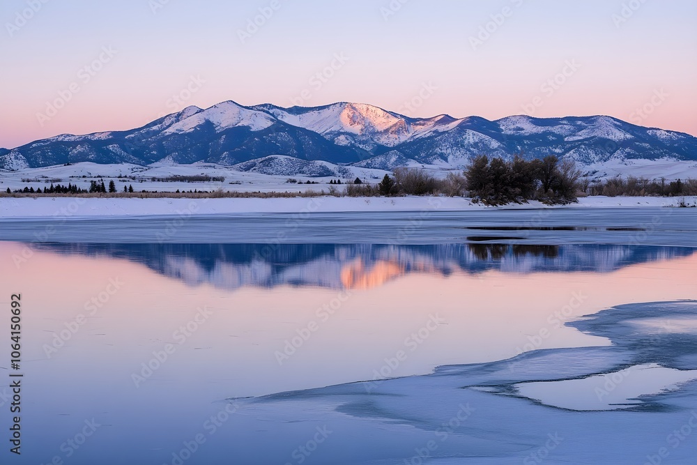 A frozen lake reflecting the colors of a winter sunset, with snow-covered mountains in the background A frozen lake reflecting the colors of a winter sunset, with snow-covered mountains in the background