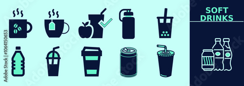 Soft drinks SOLID icon set for logo, marketing, digital work. Coffee, tea, juice, soda can, boba, reusable cup, water bottle and others. Editable outline, size and color.