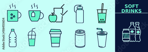 Soft drinks LINE icon set for logo, marketing, digital work. Coffee, tea, juice, soda can, boba, reusable cup, water bottle and others. Editable outline, size and color.