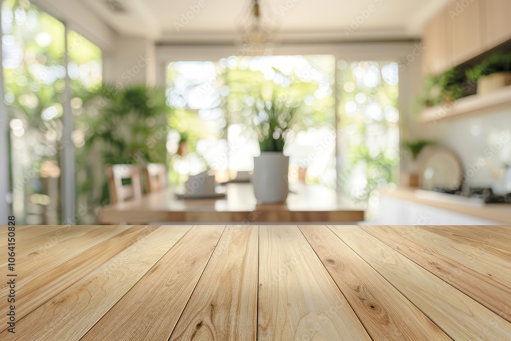 Wooden table top with blurred background of a kitchen. Wooden table top with blurred background of a kitchen.