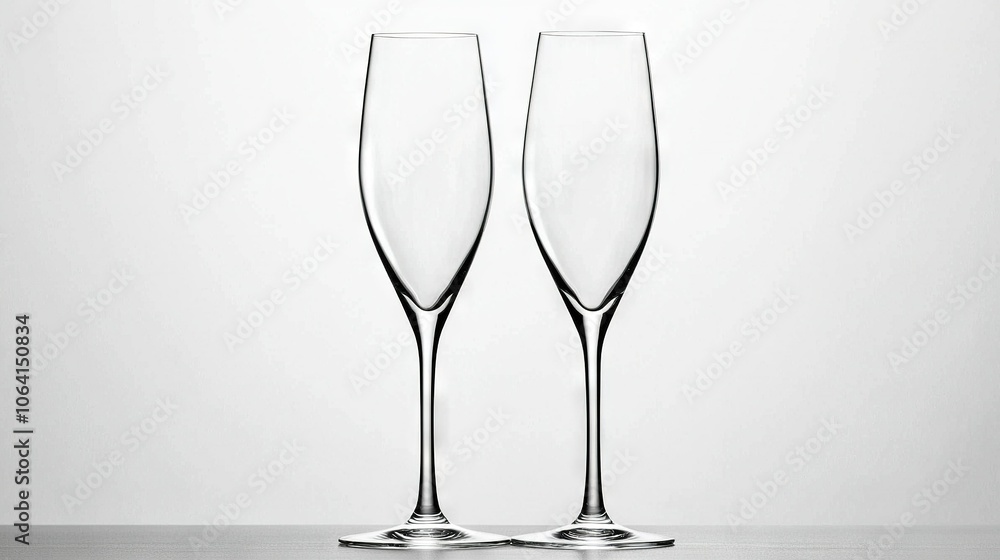 A duo of wine glasses rests atop a wooden table, adjacent to one another, against a backdrop of white wall A duo of wine glasses rests atop a wooden table, adjacent to one another, against a backdrop of white wall