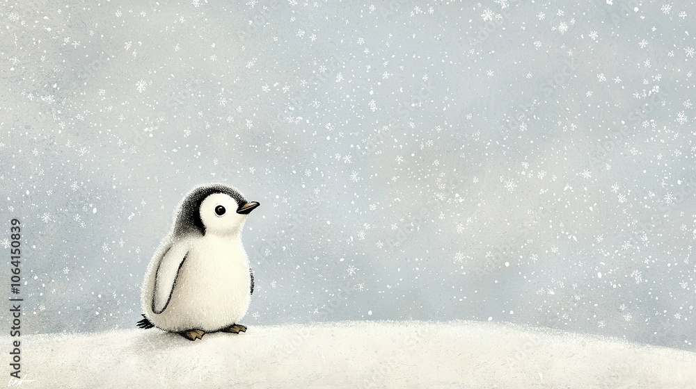 Fototapeta premium Painting of a Penguin on a Snow-Covered Hill with Falling Snowflakes