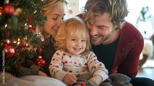 Family gathered around a decorated Christmas tree, surrounded by holiday decorations, joyful expressions, cozy setting, wide-angle photo